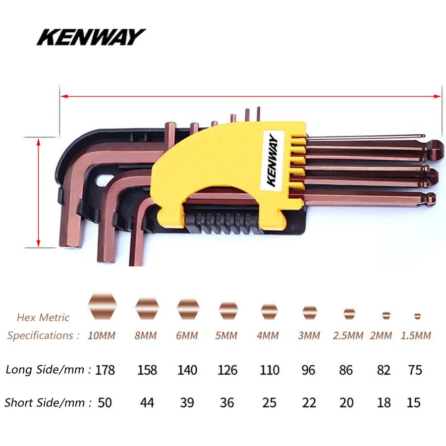 KENWAY 9 шт велосипед шестигранный ключ, дюймовый стандарт сплав Сталь MTB дорожный велосипед шестигранный ключ высокая твердость велоспорт инструмент для ремонта 1,5/2/2,5/3/4/5/6/8/10 мм
