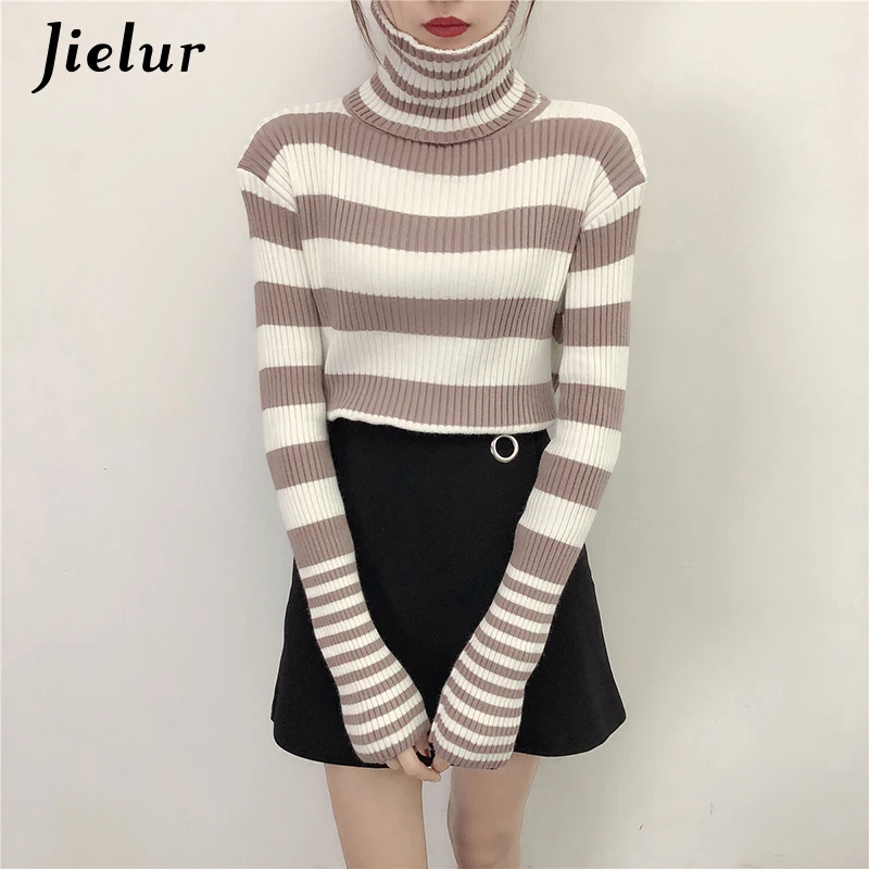 Jielur 2019 Winter Long Sleeve Korean Women Sweater Striped Turtleneck Pullover Slim Warm Autumn Black Knitted Top S-XL Dropship 