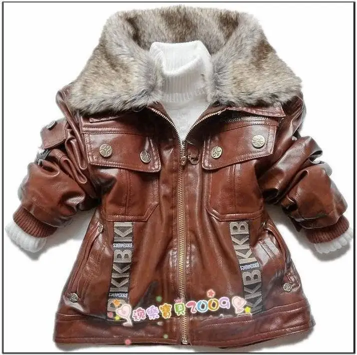 retail baby boys leather jacket kids thick fleece fur collar winter
