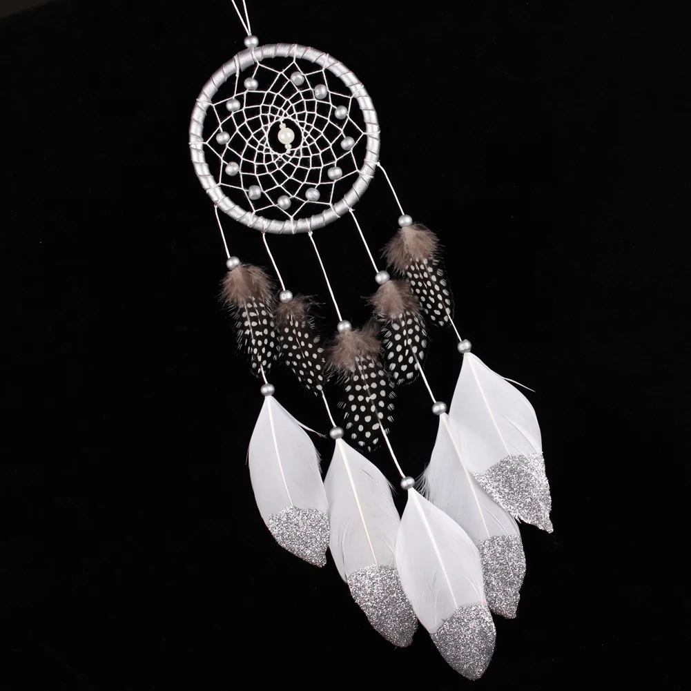 Indian White Dream Catcher Wall Car Hanging Decoration Silver Feather Core Bead Handmade Dreamcatcher 2