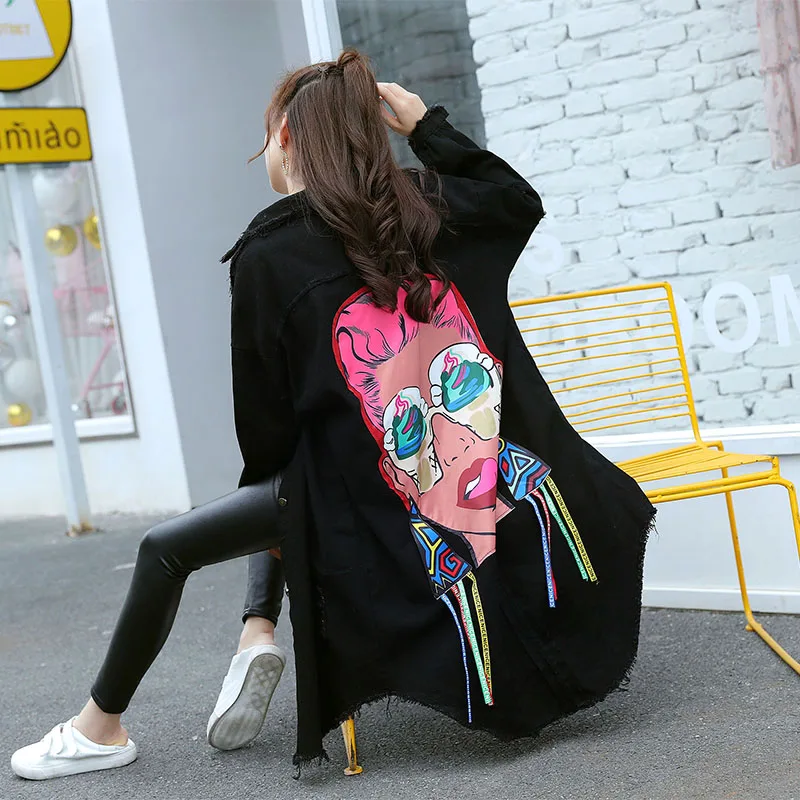 

Autumn Winter Women Vintage Black Hole Long Denim Jacket For Women Loose BF Harajuku Wind Cowboy Coat Jackets New Clothing