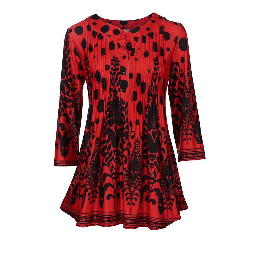 Летние женские топы и блузки с рукавом три четверти, винтажные Свободные повседневные красные рубашки с круглым вырезом и принтом