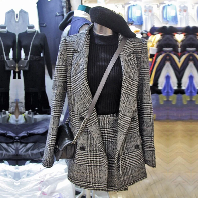 Najtaniej CBAFU jesień wiosna bluza z długim rękawem płaszcz kobiety znosić plaid tweed spódnice garnitur kobiety 2 sztuk zestawy kobiet garnitury N630