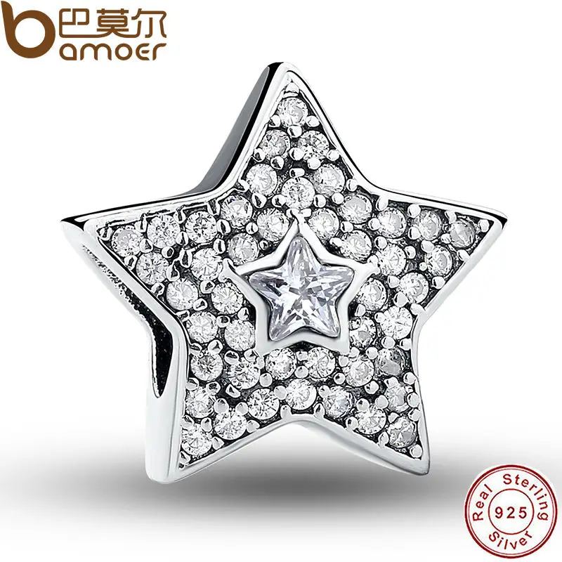 Authentic 925 Sterling Silver Wishing Star Charm Fit BME Bracelet With Clear Cubic Zirconia DIY Accessories