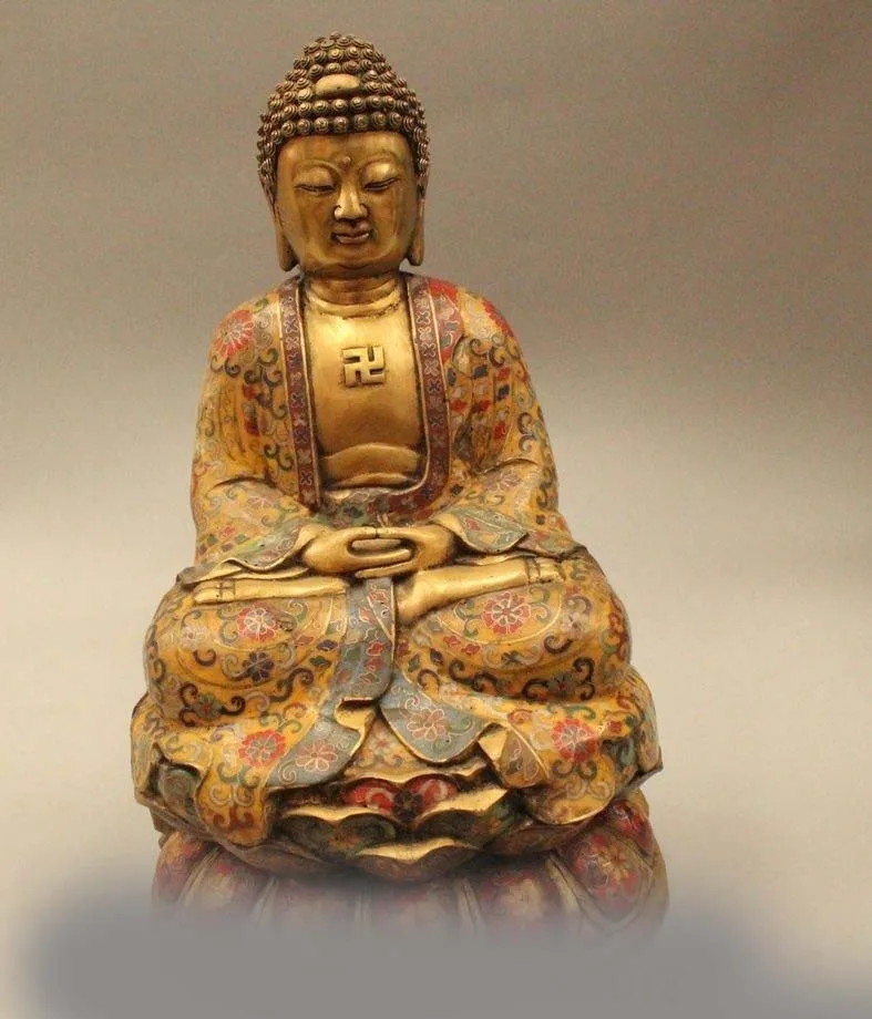 

16" Chinese Cloisonne Bronze Gild Sakyamuni Shakyamuni Amitabha Buddha Statue