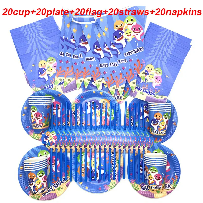 

100pcs/Lot Baby Shark Happy Birthday Theme For Kids Party Disposable Tableware Set Baby Shark Napkins Cups Plates Banners Straws