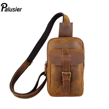 

New Fashion Men Crazy Horse Cowhide Chest Pack Summer Travel Crossbody Bag Retro Genuine Leather Zipper Messenger Shoulder Bag