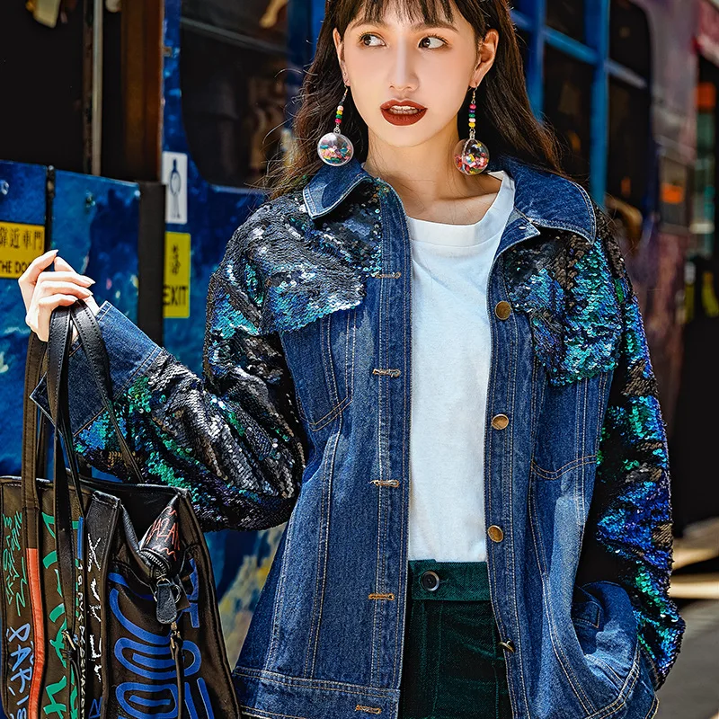 Denim Droite souris Style Street Originale High Conception Des Lâche Manteaux Nouveau A8018 Blue Spliced Coton Paillettes Manteau Femmes Chauve Chic De Manches qCvnx