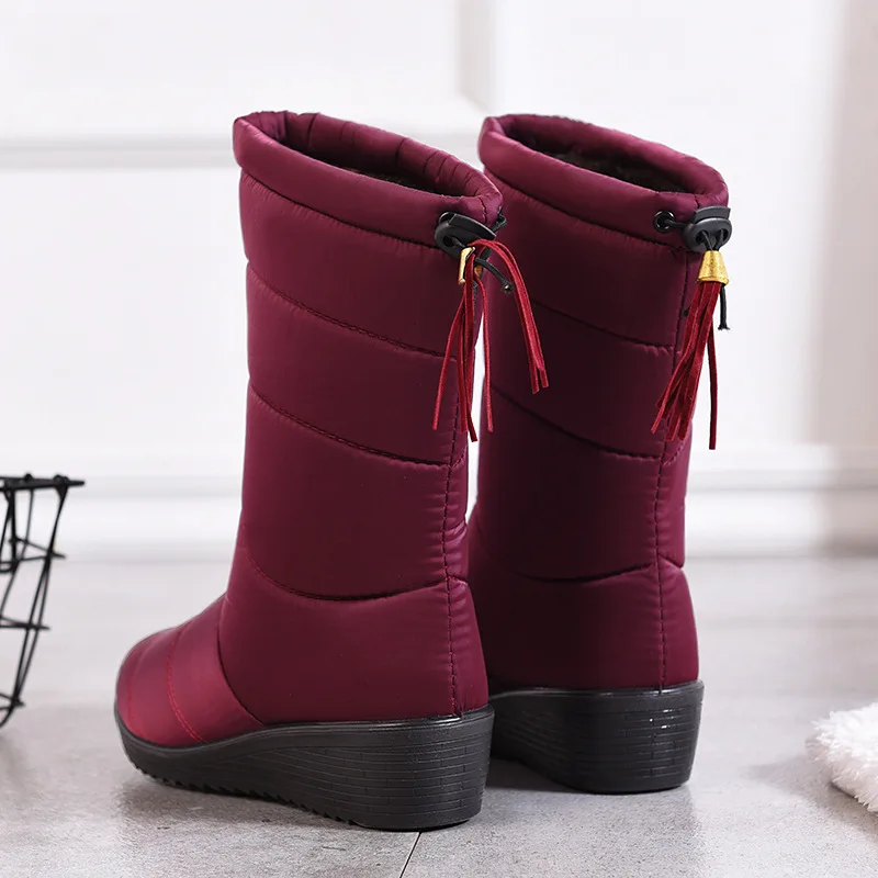 Wedges Down Boots Women Waterproof Winter Shoes Casual Platform Mid-Calf Warm Snow Boots Slip On Tassel Female Shoes Botas XZ70