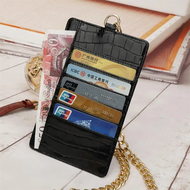 Genuine Leather Mobile Phone Card Holder Embossed Serpentine Leather Phone Wallet Python Leather Pouch With Lanyardr Phone Bag - Color: Chain Black