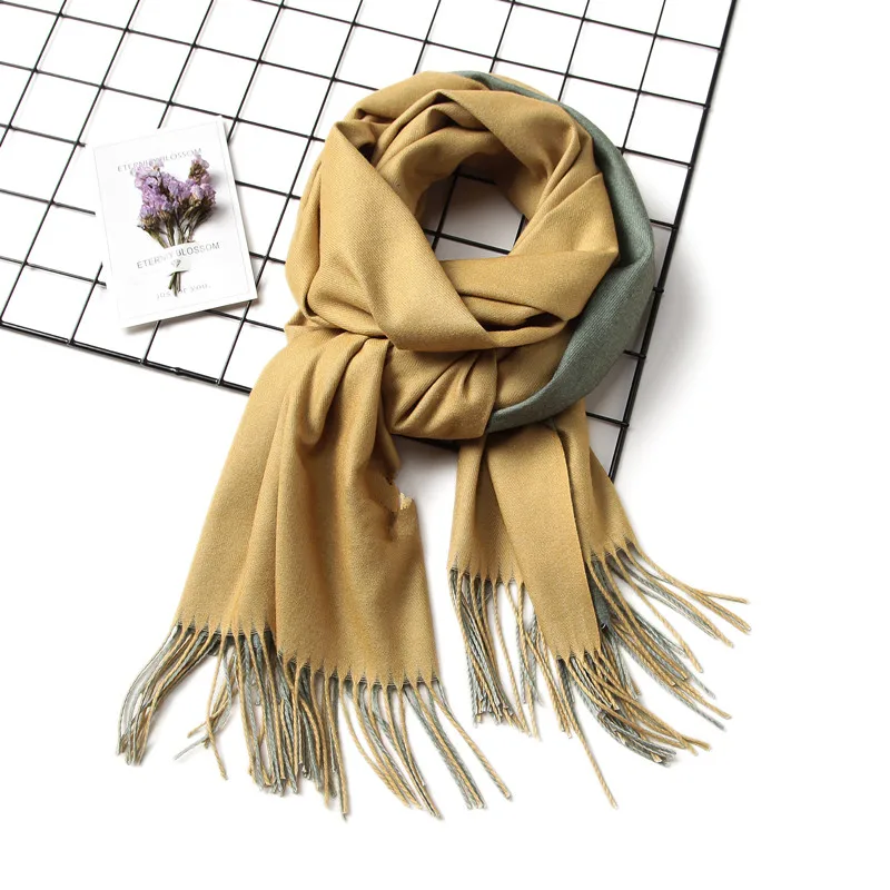 [Lakysilk] шарф женский кашемировый теплый толстый мягкий шаль и накидка Дамская Роскошная брендовая Пашмина с кисточками Зимний Элегантный дизайн Двухцветная - Цвет: Светло-желтый