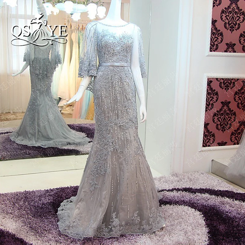 Vestido de festa 2017 настоящие фото Серые Вечерние платья Русалочки с бусинами и накидкой
