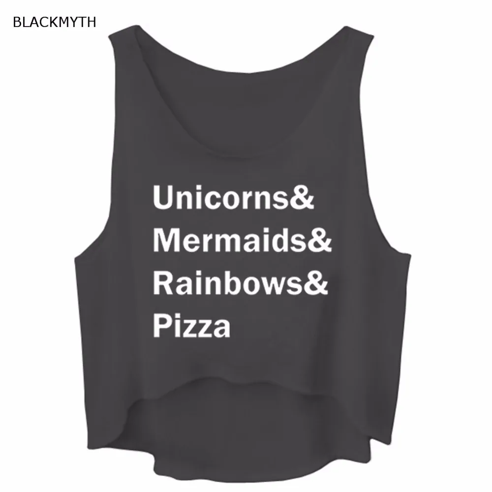 

BLACKMYTH White Tank Tops Summer Sleeveless Women's Shirts Unicorns& Mermaids& Rainbows& Letters Print Black Grey Crop Clothing