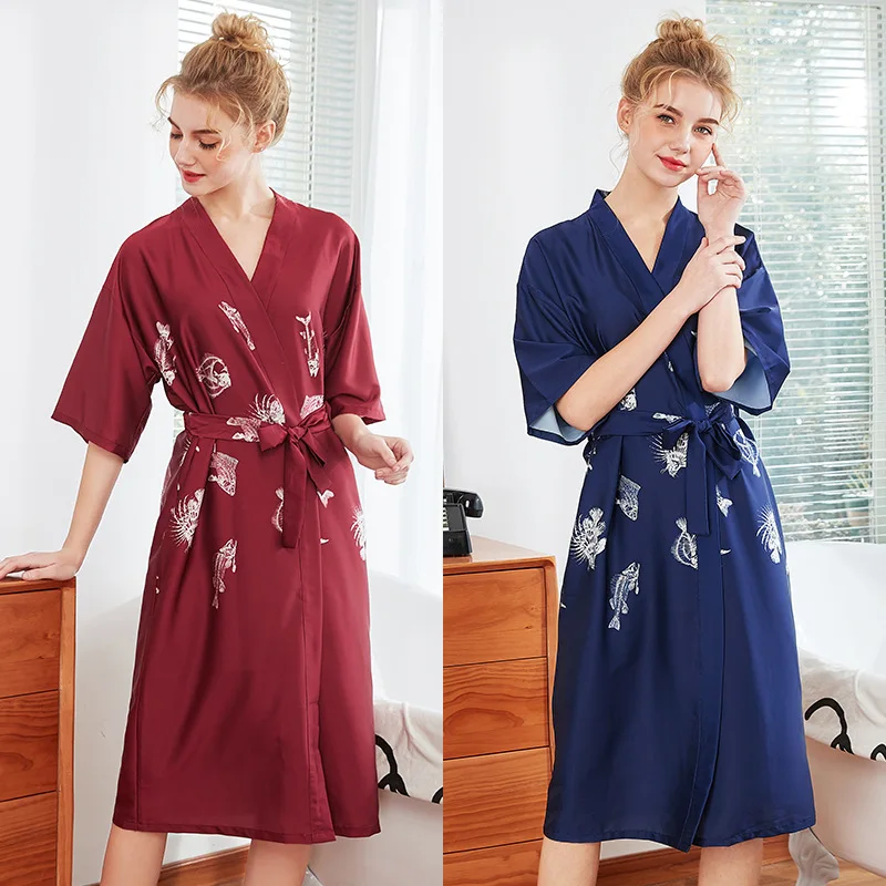 

Women Sexy Kimono Silk Bathrobe Knee Length Bridesmaid Fish Bone Satin Bath Robe Red Bride Dressing Gown for Wedding Sleepwear