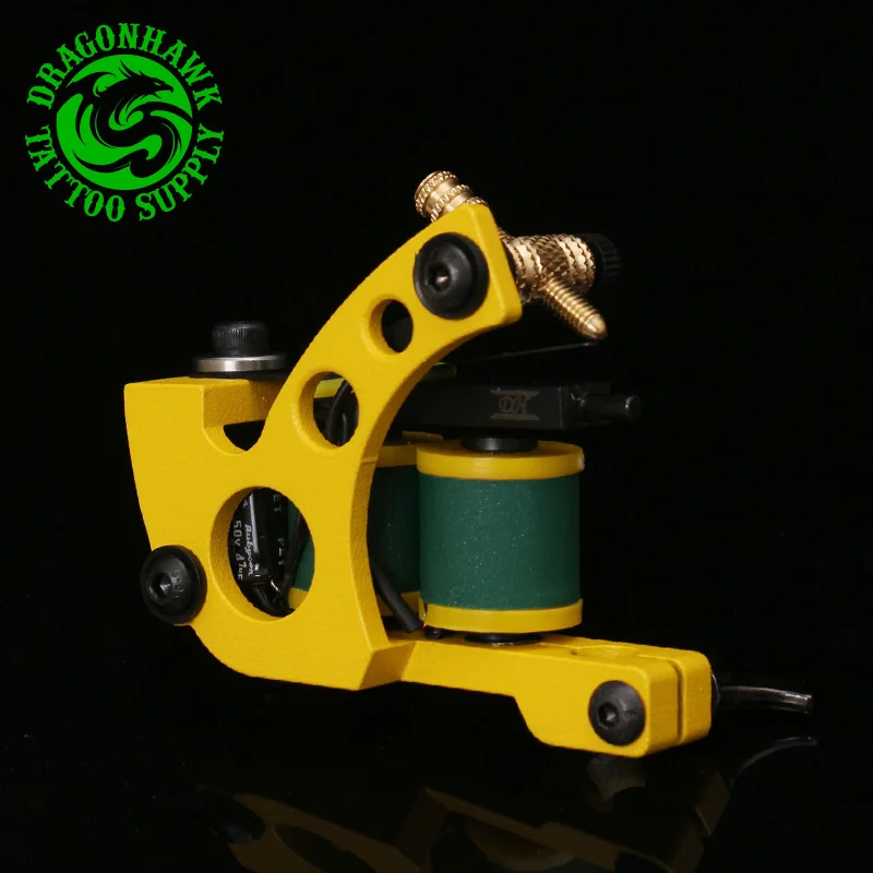New Professional Shader And Liner Tattoo Machine 10 Warps Coils Cast Iron Yellow Tattoo Gun Handmade