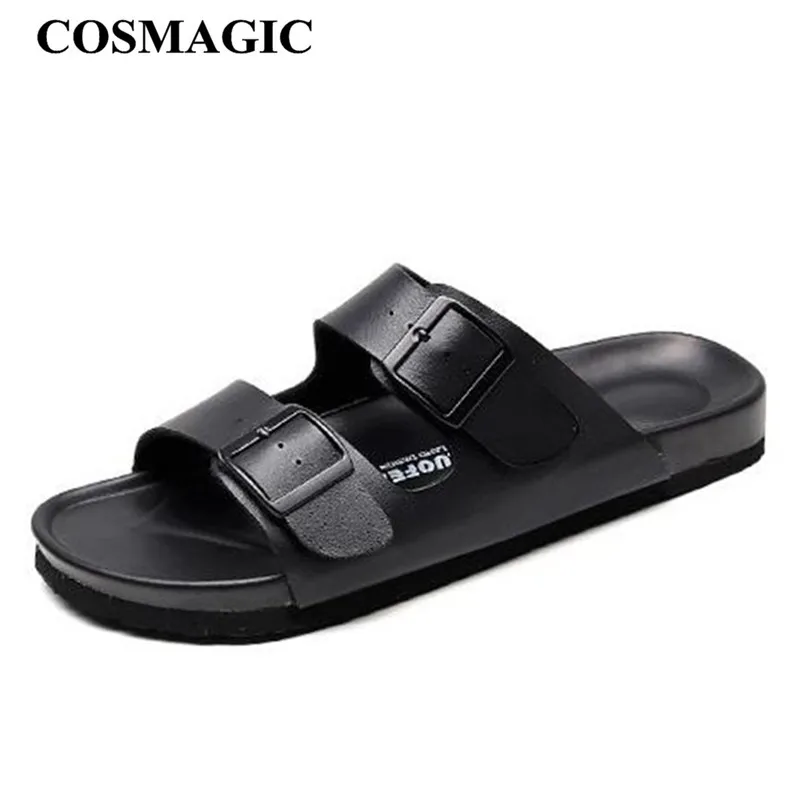 

COSMAGIC 2019 Fashion Men Beach Cork Slippers Summer Double Buckle Non-slip Outside EVA Leather Slide Shoe High Quality