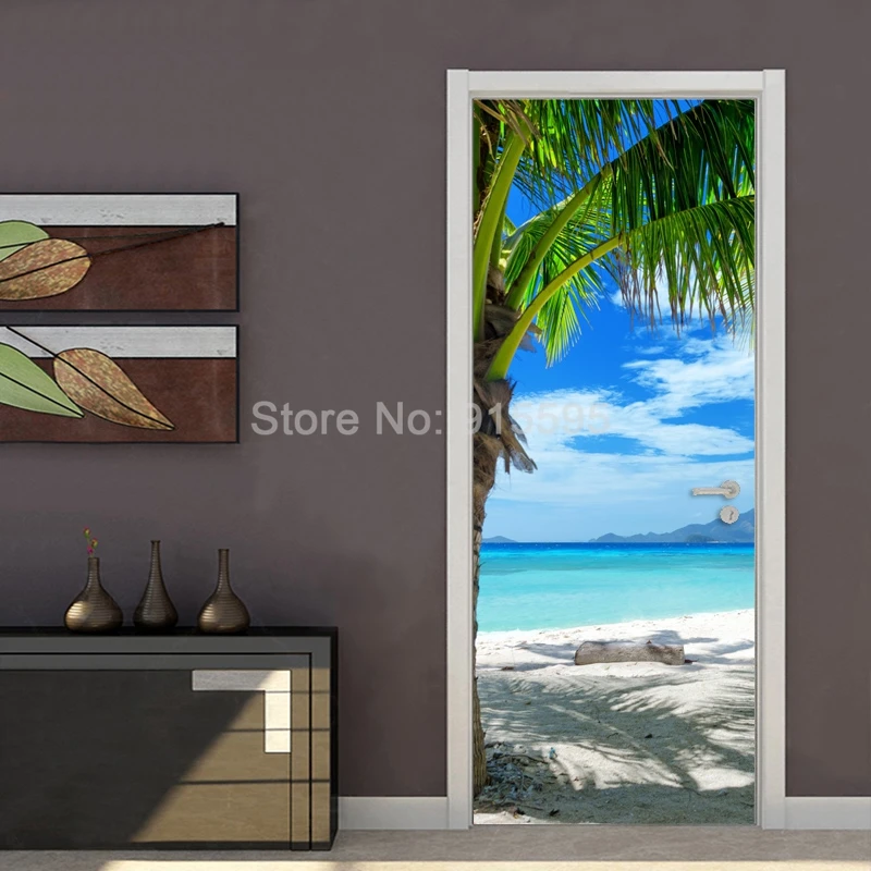 Пользовательские фото обои фрески 3D голубое небо белые облака пляж кокосовые деревья настенная живопись ПВХ самоклеящаяся дверь Настенная Наклейка