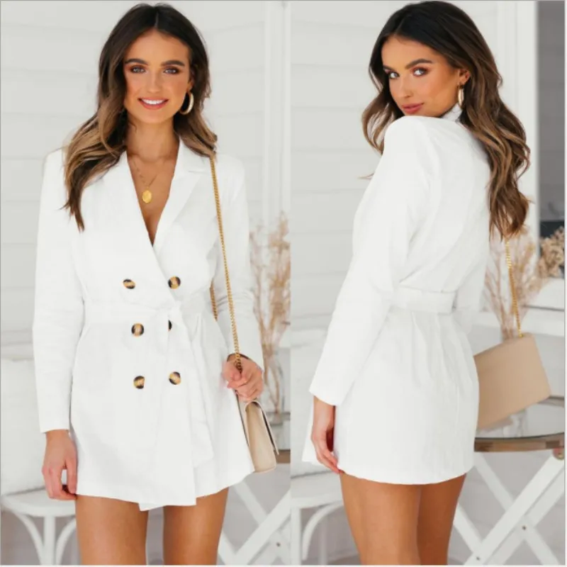 

Women Coat Double Breasted White Trench Sashes Female Blazer Turndown Collar Suit Autumn Office Lady Solid Outerwear 2019