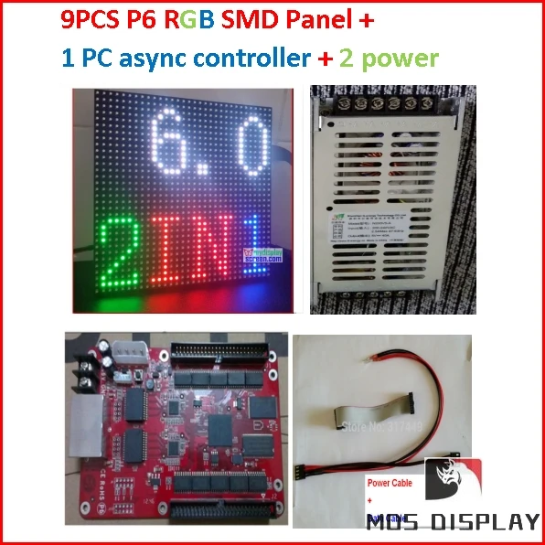 P6 светодио дный дисплей комплекты, 9 шт. полный цвет smd 2in 1 модуль+ 1 Асинхронный контроллер+ 2 HQ источник питания, Крытый светодио дный дисплей комплекты экранов