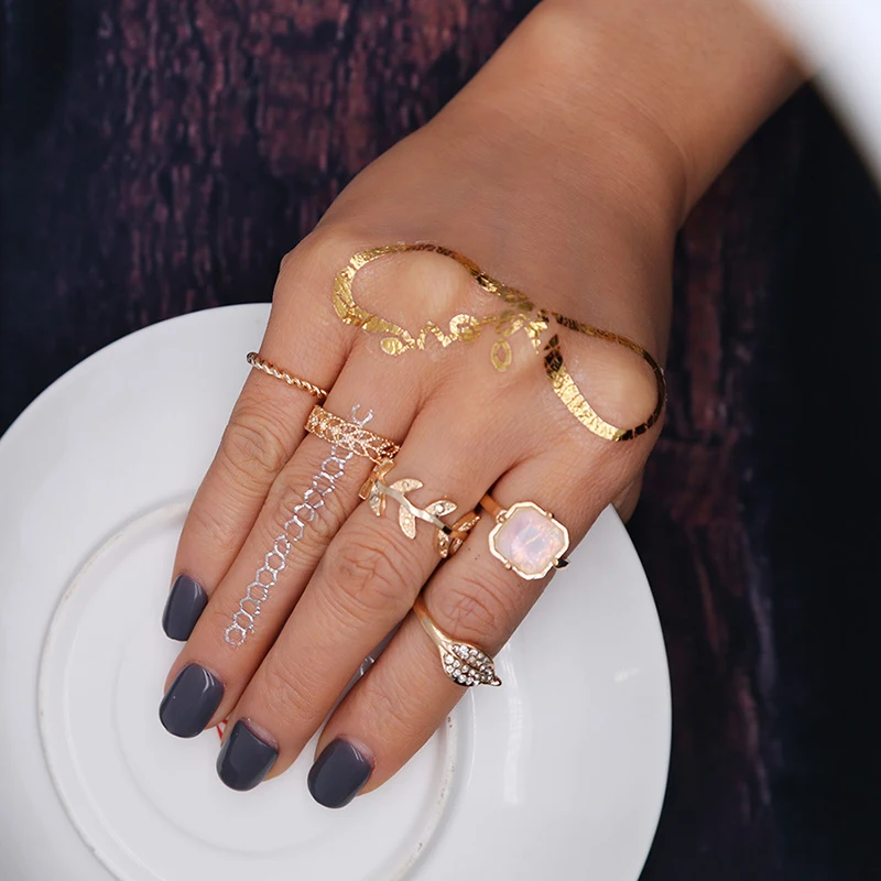 

5Pcs/Set Leaves and Crystal Knuckle Finger Rings Midi Band Ring Set For Women Girl