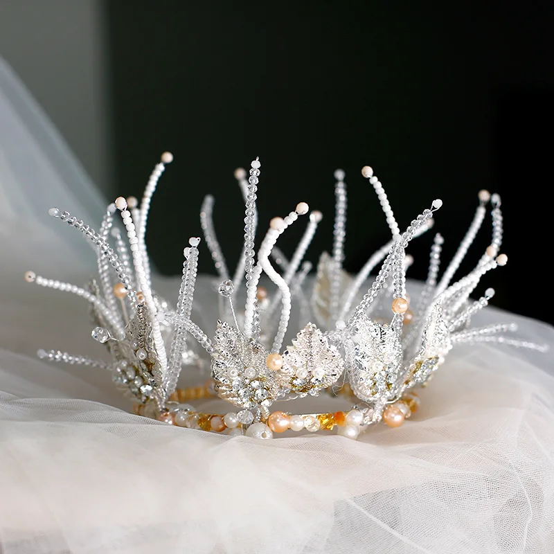 Bride Crown Headdress Handmade Bead Queen Crown Hair Ornament Princess's Birthday Wedding hair Accessories