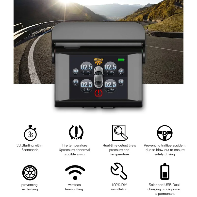 

Solar Powered TPMS Digital Smart Car Tire Pressure Monitoring System Wireless Tyre Temperature&Pressure Abnormal Audible Alarm