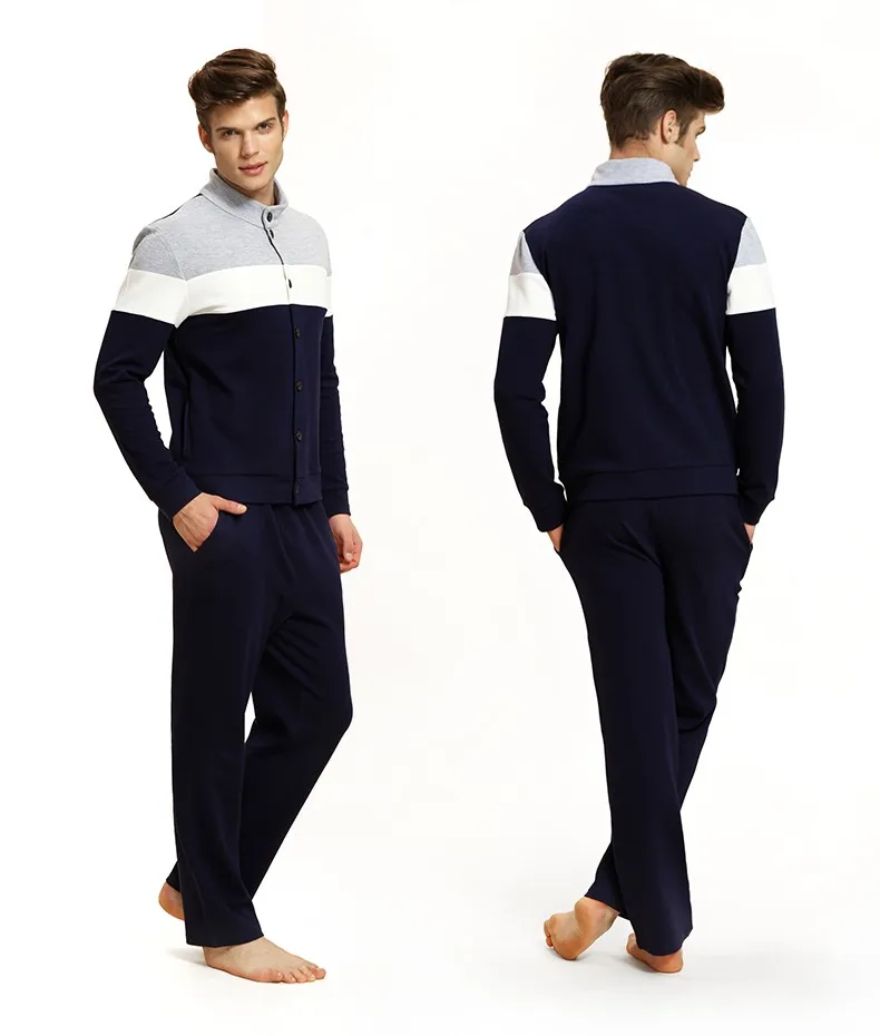 Осенний брендовый пижамный комплект для пары, повседневная домашняя одежда в стиле пэчворк, Мужской Хлопковый пижамный комплект, мужской кардиган с длинными рукавами, пальто+ штаны - Цвет: Navy