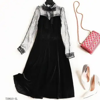 

European style 2019 New arrivals summer Spring fashion women clothes temperament patchwork mesh vintage dress T3061