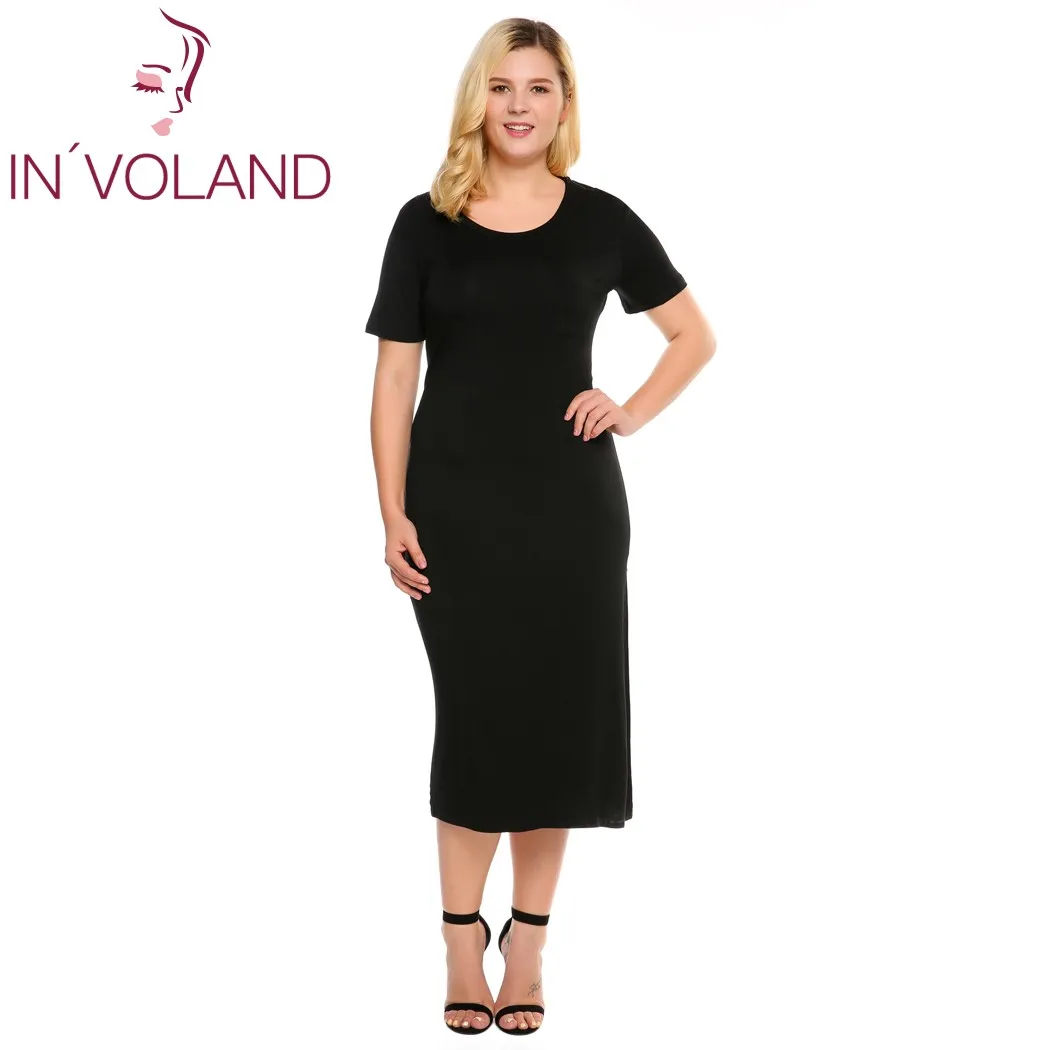 IN'VOLAND женское платье-карандаш размера плюс, летнее Повседневное платье с коротким рукавом, однотонное приталенное платье с разрезом по бокам и карманами, женские платья, размер d 5XL - Цвет: Black