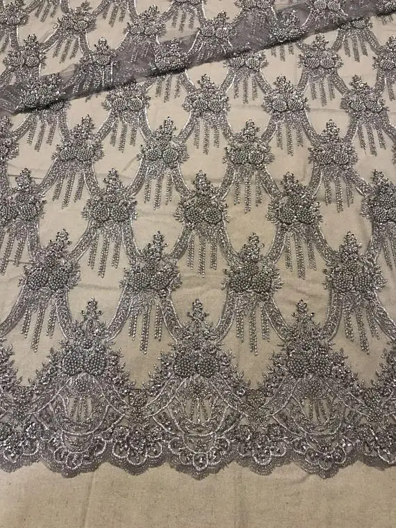 

High end heavy beaded ,Limited Edition delicate heavy beaded gray bead lace fabric,Handmade haute couture cloth