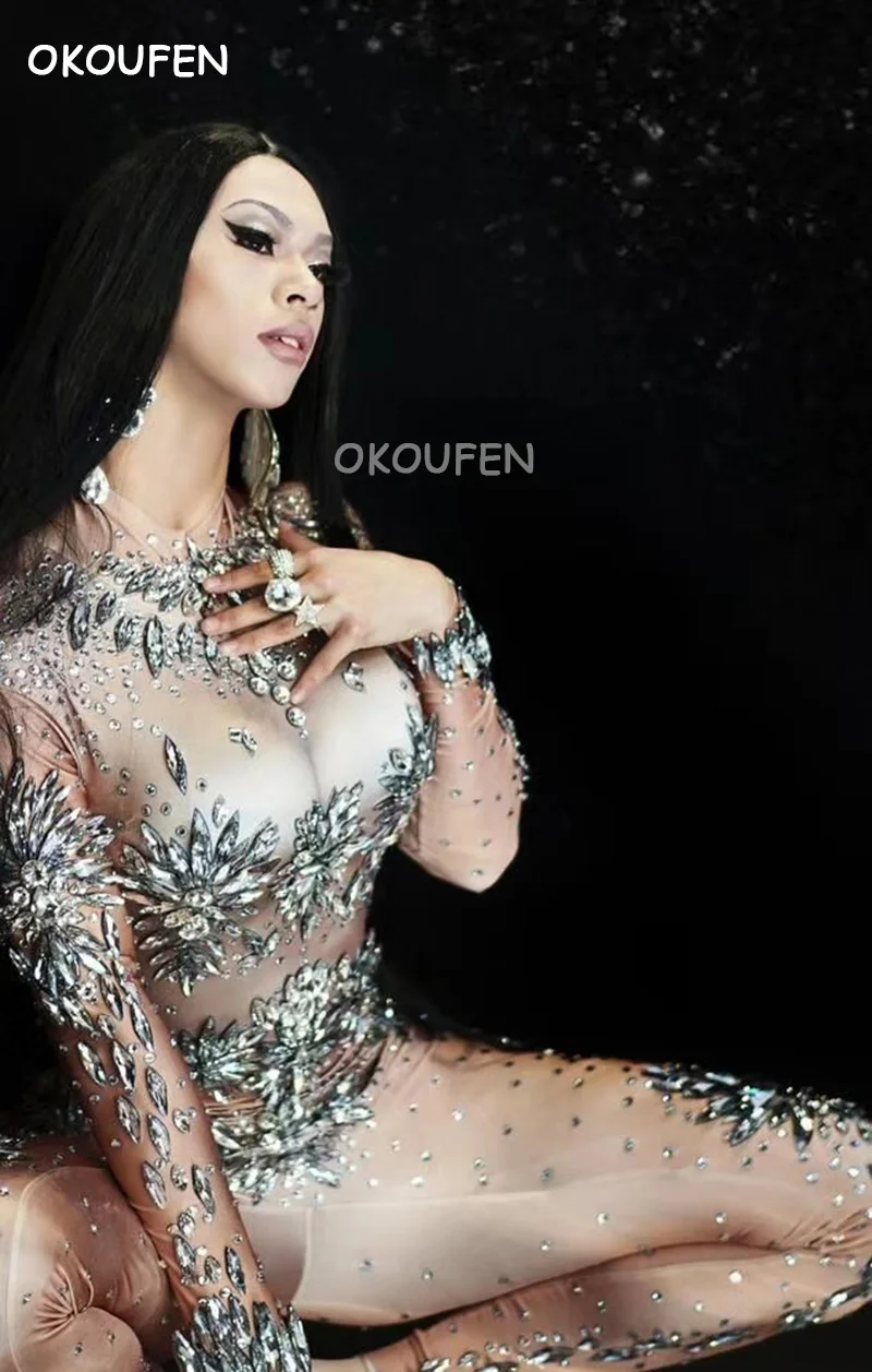 

Sexy nude color rhinestones perspective stretch long Siamese stage costumes women Female singer dance Dj guests show dance wear