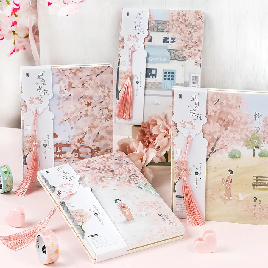 1Pcs Kawaii Sakura Planner Book Janpanese Style Notebook Pink Tassel Journal Daolin Paper Kraft Mixed inner-page | Канцтовары для