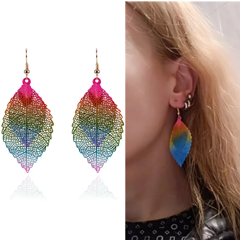 

New Colorful Leaf Earrings Tassel Long Earrings For Women серьги Plant kolczyki Pendant Gold Jewelry pendientes mujer moda 2019