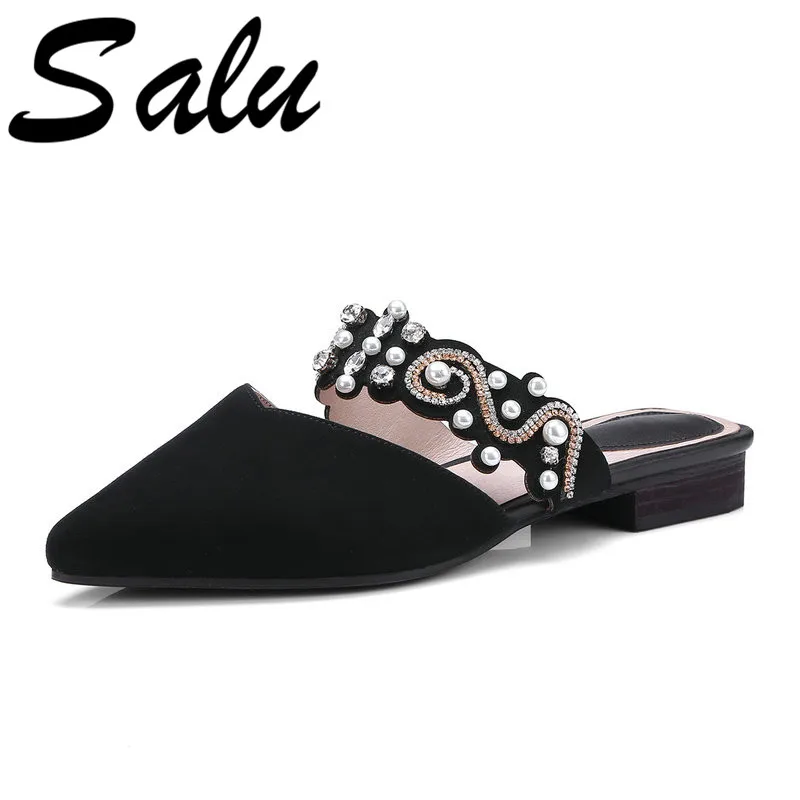 

Salu 2019 Sexy Women Square Heels Sandals Fashion Pearl Casual Shoes Woman Comfort Quality Kid Suede Leather Summer Sandals