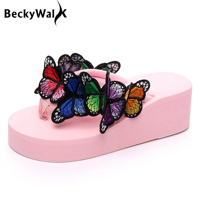 BeckyWalk/шлепанцы на платформе Вьетнамки с бабочками женские летние повседневные