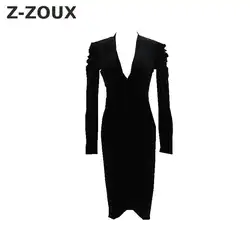 Z-ZOUX женские платья с v-образным вырезом с длинным рукавом сплит высокая талия черный бархат винтажное платье 2018 новые модные сексуальные