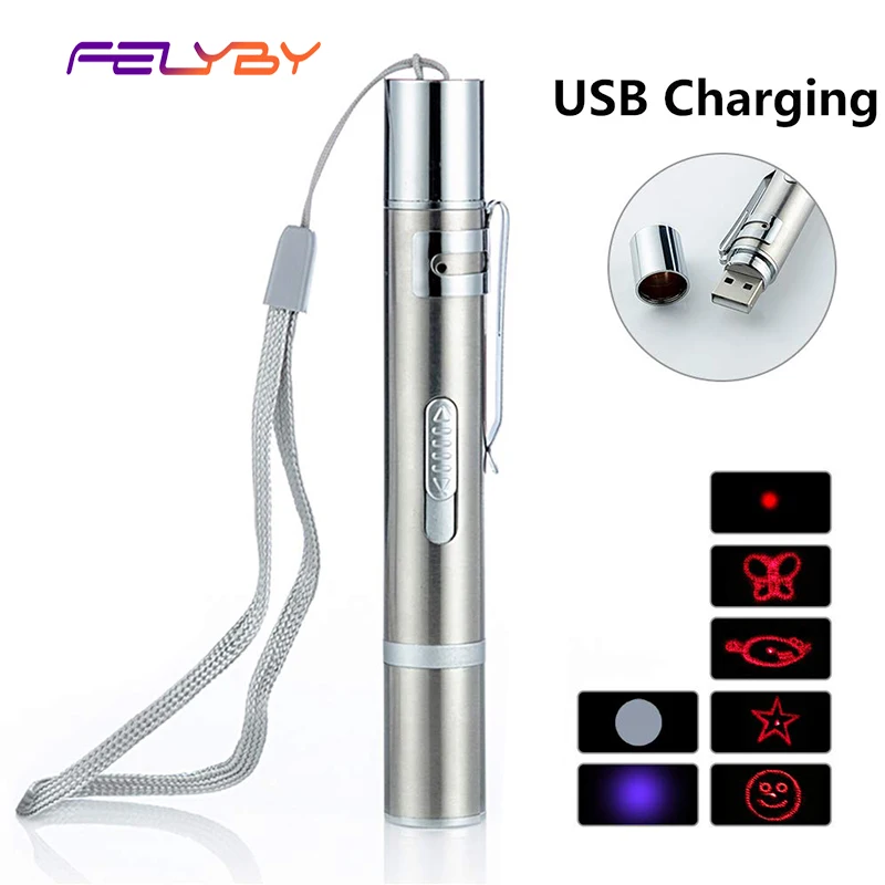 

FELYBY Portable Laser Pen Red Light Low Power Stable Wavelengt USB Rechargeable UV and Flashlight to Training Tool for Cat orDog