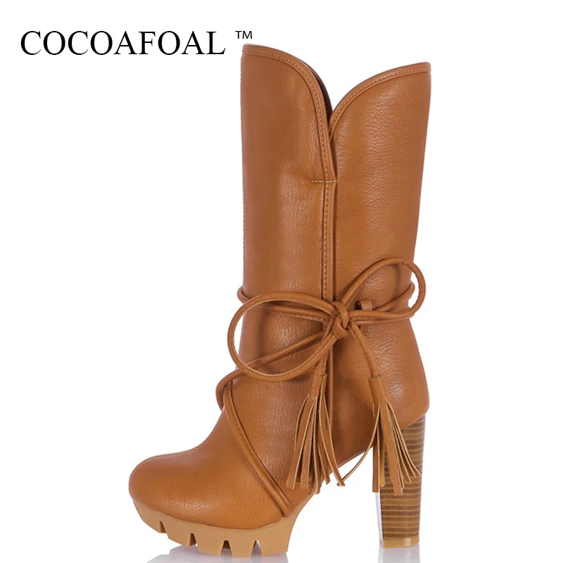 

COCOAFOAL Woman Butterfly Knot Ankle Boots Winter Black Chelsea Boots Round Toe Martin Boots Fashion Fringe High Heeled Shoes