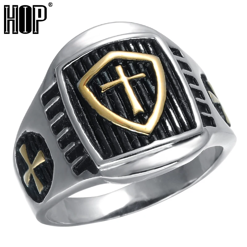 

HIP Punk Titanium Stainless Steel Biker Two Tone Gold Armor Shield Knight Templar Crusader Cross Rings for Men Jewelry