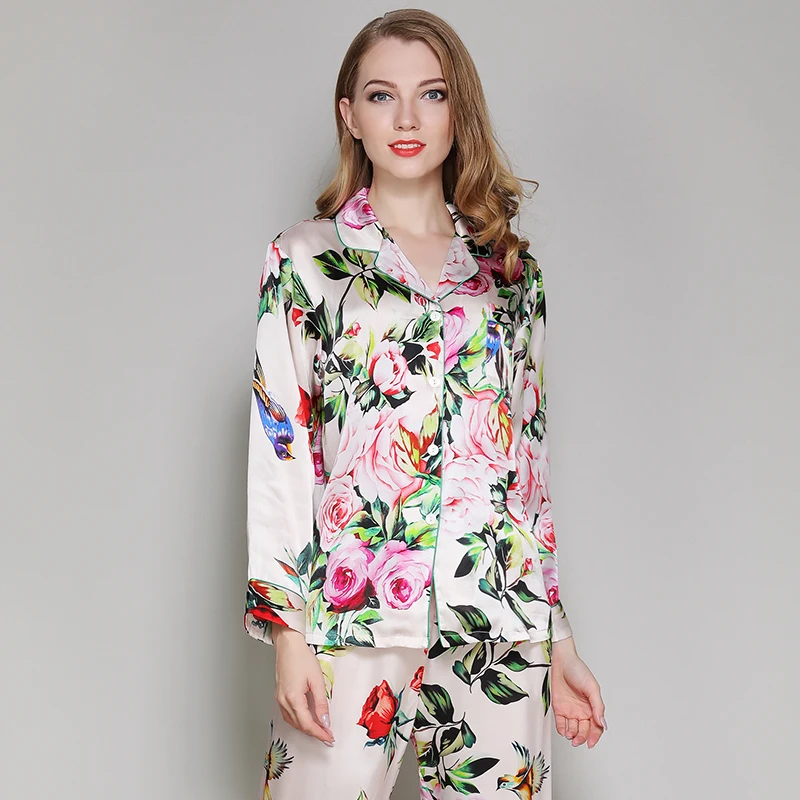 Женские шелковые пижамы устанавливает 2019 сезон: весна–лето женский Цветочный принт ночной рубашке женщина 100% шелк атлас пижамы для сна