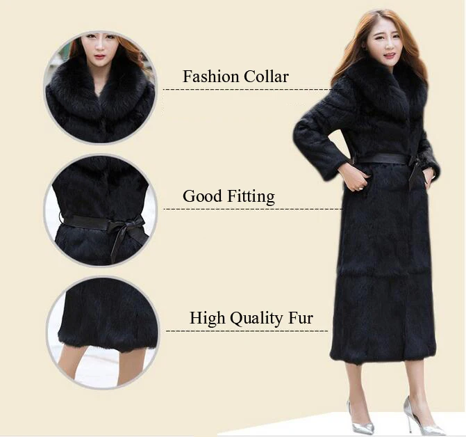white bubble coat Women Whole Skin Rabbit Fur X Long Coat With Luxury Fox Fur Collar Real Natural Full Pelt Overcoat Genuine Fur Outwear WSR85 black down jacket