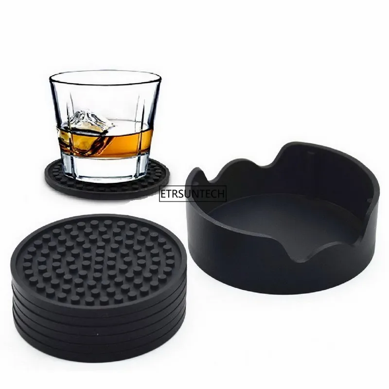 

6Pcs/set Absorbs Moisture and Prevents Table Damage Black Silicone Coaster with Non-Slip Bottom And Holder for Drinking Glasses