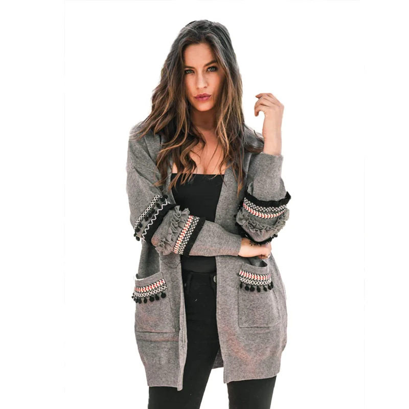 Patchwork Long Sleeve Pockets Long Cardigan Women Plus Size 2018 Autumn Winter Oversized Knitted Sweater Female Jumper