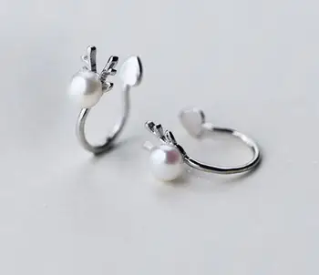 

4mm small 100% Real. 925 Sterling Silver Fine Jewelry Freshwater Pearl Antler Deer design Clip earrings (NO pierced) gtle1929