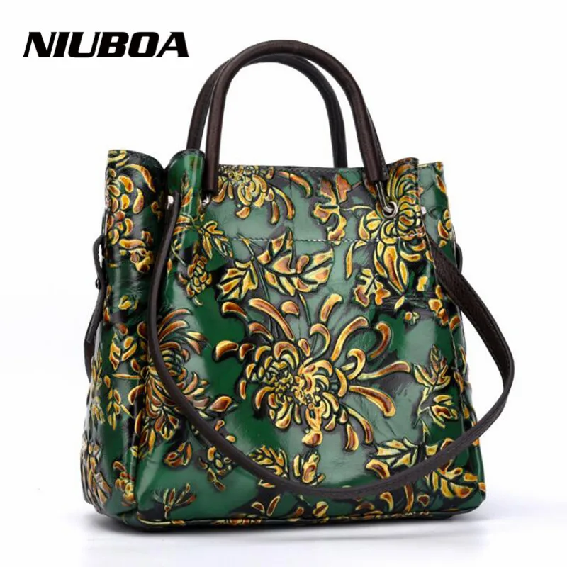 

Luxury Genuine Leather Handle Bag Woman Handbags Tote Vintage Folk-custom Print Lady Shoulder Bag Embossed Cowhide Skin Bags