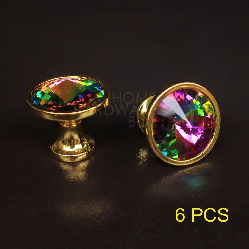 6 pcs crystal glass drawer knobs 35mm dresser handle pull brass base rainbow colorin