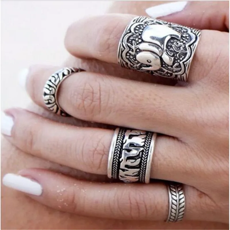 

Bohemian Style 4pcs/Pack Vintage Anti Silver Color Rings Elephant Totem Leaf Lucky Rings Set for Women Party Jewelry