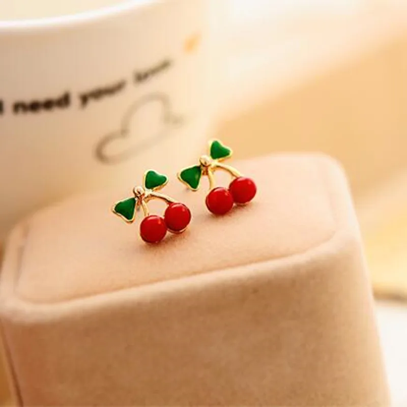 L J New Fashion Lovely Red Cherry Stud Earrings With Green Rhinestone