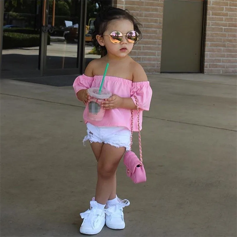 

Cute Infant Toddler Baby Kid Girls Summer Casual Off Shoulder Tops Short Sleeve T-Shirt 1-6Y