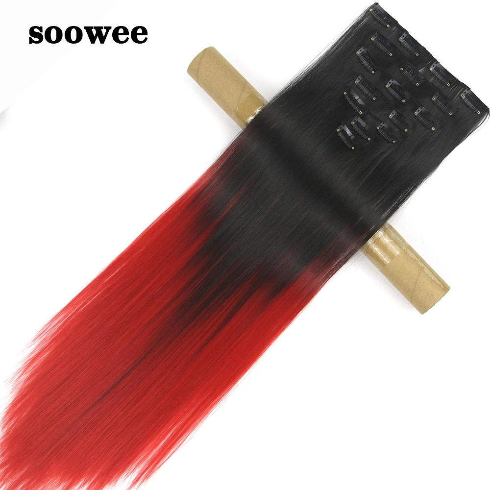 

Soowee 7pcs/set 16 Clips Black To Red Ombre Straight Synthetic Hairpiece Full Head Clip in Hair Extensions Hair Accessories